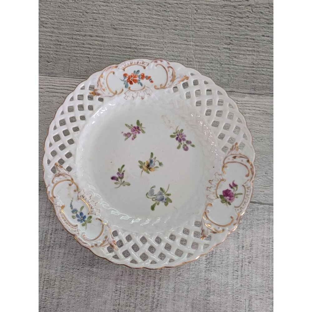 Vintage German Porcelain Lattice Plate Floral Design & Gold Trim 5 Inch